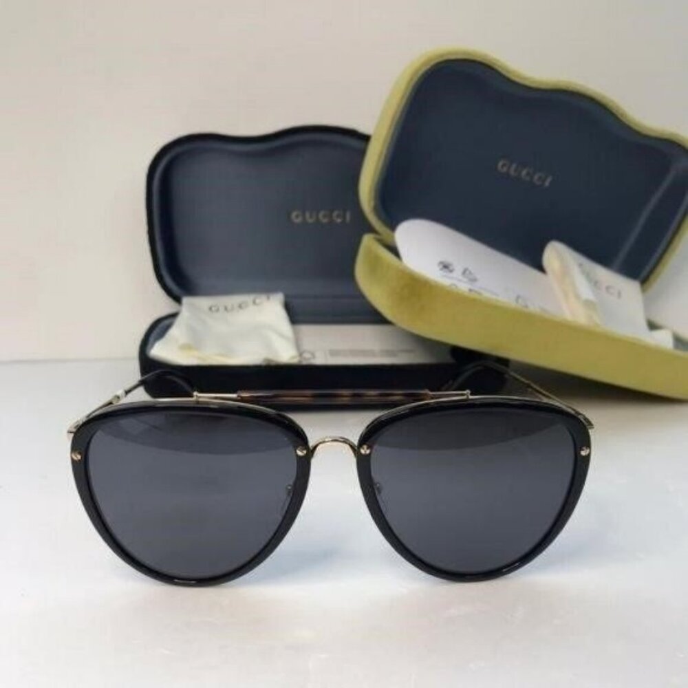 New Original Gucci GG0672S Unisex Aviator Sunglasses, Black/Grey - Picture 10 of 11